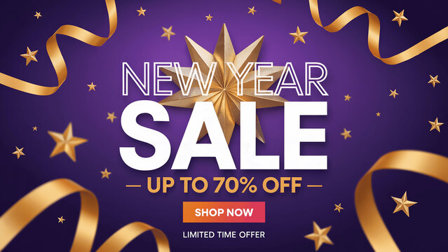 Festive New Year Sale with Golden Stars and Ribbons, Up to 70% Off, Limited Time Offer