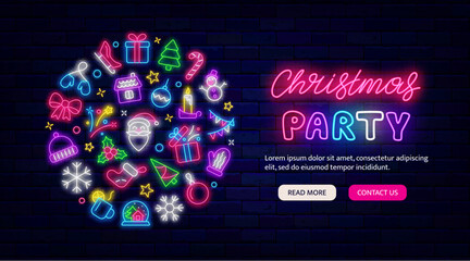Christmas party neon flyer. Webpage landing page. Present,, gift and Santa hat. Vector stock illustration