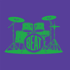 Illustration of a cat playing a drum kit with musical instruments