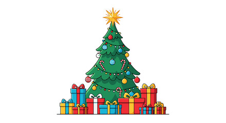Cartoon Christmas tree with colorful presents, festive decorations, and a star atop.