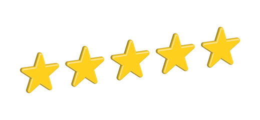 3d Five stars customer product rating review icon for apps and websites, 3d vector. Five stars rating. 5 star for quality customer rating feedback from client employee, product review.