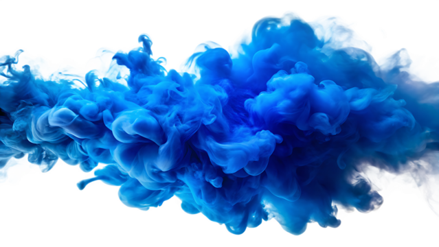 Abstract blue smoke cloud swirling in water, isolated on transparent background