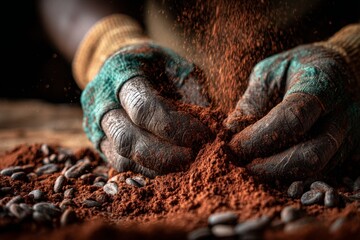 Worker hands wearing gloves sifting brown cocoa powder onto a wooden surface with raw cacao beans