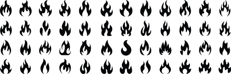 Black flame icon set, abstract fire symbols, vector flames collection, burning shapes, graphic design elements, minimalist fire illustrations