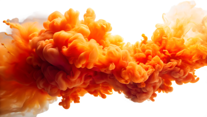 Abstract orange smoke explosion in water, isolated on transparent background