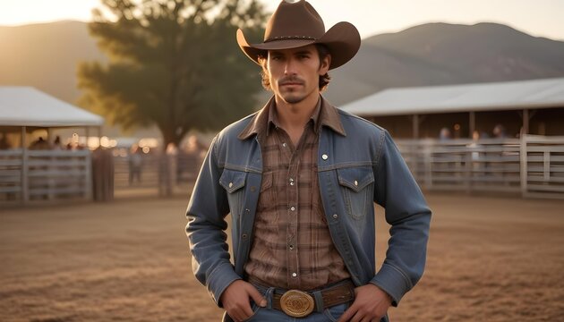 This stunning photo features a cowboy in a denim jacket, perfectly capturing the spirit of the west. - Powered by Adobe