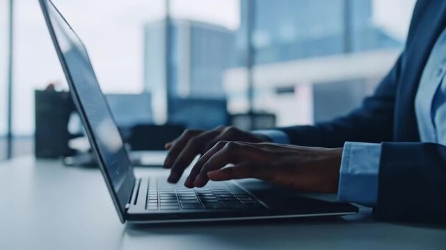 Professional Typing on Laptop in Office Setting