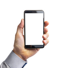Hand holding smartphone with blank screen on transparent background
