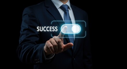 Businessman in a suit activating a glowing virtual success button on a futuristic touchscreen interface