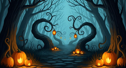A spooky halloween night scene with pumpkins and trees lit by lanterns in a dark forest path ai generated