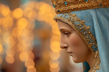 Statue of virgin mary wearing crown and veil, with bokeh effect