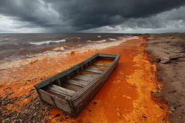 Old wooden boat resting on an unusual orange water shore under a dramatic stormy sky