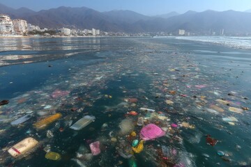 Ocean water contaminated with floating garbage and plastic pollution near a coastal resort town with mountains