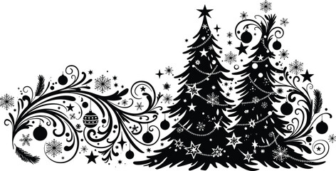 Christmas trees decoration, holiday festive silhouette, decorated pine trees, winter holiday design, Christmas ornaments, snowflakes, stars, swirls, festive celebration art
