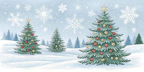 Fototapeta premium Watercolor winter landscape with decorated christmas trees and snowflakes image