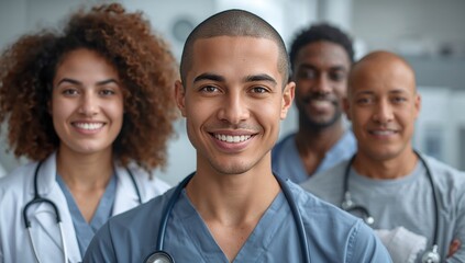 Confident group of smiling healthcare professionals standing together within the bright indoor hospital setting, wearing medical scrubs and stethoscopes, looking directly at camera