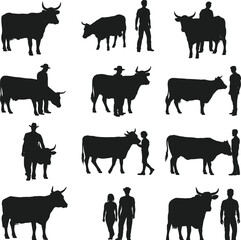 Cow and human silhouettes in various poses and interactions, black vector illustrations of cattle and people for rural and farming themes