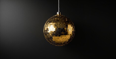 Obraz premium Shiny golden disco ball hanging from ceiling against dark background, symbolizing nightlife and celebration concept in modern minimal composition. Ai generative