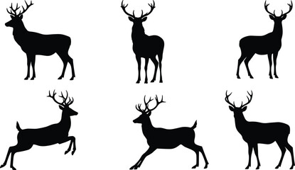 Deer silhouette set, majestic stag vector, forest wildlife icons, black animal silhouettes, nature design elements, wild animal art illustration