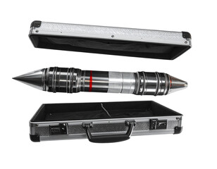 Futuristic Metallic Briefcase with Side-Mounted Rocket Engines, Angled View, Isolated Transparent Background PNG