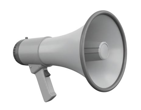 Untitled design - Geometric Abstract 3D Megaphone in Monochrome Gray, Angled Side View, Isolated Transparent Background PNG