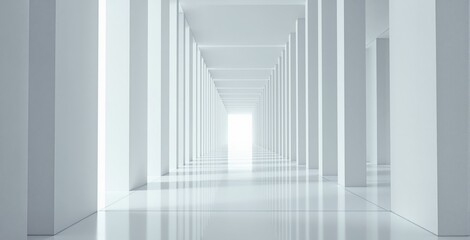 Futuristic white hallway with symmetrical columns and vanishing point perspective on glossy surface, minimal geometric architecture concept. Ai generative