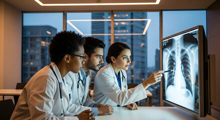 Diverse medical team examining X-ray scan on monitor