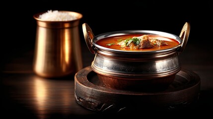 A beautifully styled dish of aromatic curry served in a decorative pot alongside a vessel of rice, perfect for food blogs, recipe books, menus, or advertising culinary experiences,