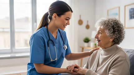 Obraz premium Smiling Nurse Caring for Elderly Woman at Home in Bright Healthcare Setting