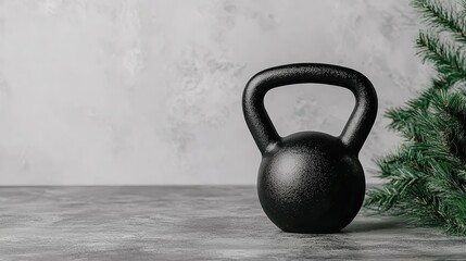 A black kettlebell rests on a textured surface near green foliage, symbolizing fitness and strength, Ideal for promoting gym equipment, workout routines, health blogs, or motivational content,