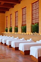 A serene spa interior features neatly arranged massage tables, soft lighting from candles, and lush greenery, evoking tranquility, Ideal for wellness promotions, retreats