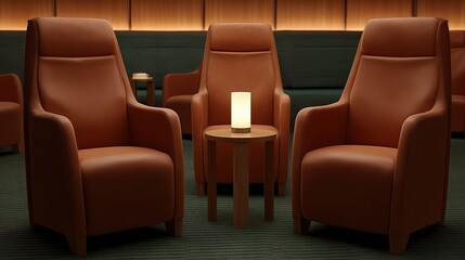 A cozy interior scene featuring three stylish brown lounge chairs arranged around a small wooden table with a lit candle, Perfect for use in articles or marketing related to comfort, relaxation