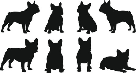 French Bulldog silhouettes in various poses, standing, sitting, lying down, black dog shapes, pet breed illustration, canine posture collection