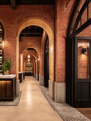 Fototapeta premium A beautifully designed corridor featuring brick arches and elegant decor, ideal for use in interior design projects, hospitality, or architecture showcases,