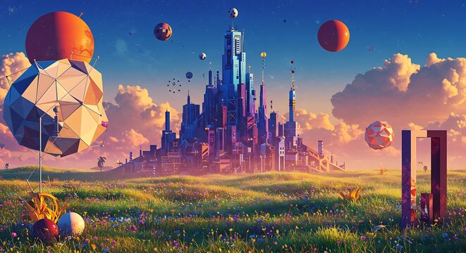 Digital realms merging 2D and 3D in vibrant palette