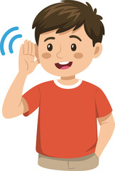 Boy listening with hand to ear, hearing gesture, sound wave illustration, curious child, attentive cartoon character, communication concept, listening skills, kid paying attention, alert boy