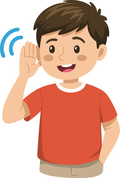 Naklejki Boy listening with hand to ear, hearing gesture, sound wave illustration, curious child, attentive cartoon character, communication concept, listening skills, kid paying attention, alert boy