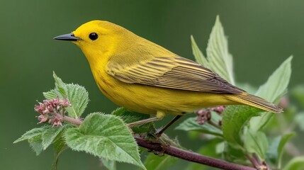 Fototapeta premium A vibrant yellow bird perched on a leafy branch showcases nature's beauty, perfect for illustrating themes of wildlife, conservation, or springtime