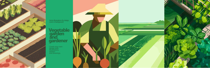 Vegetable garden vector illustrations with lush green crops, gardener in hat, and aerial farm fields. Fresh organic farming concept for eco-friendly, healthy food, and agriculture themes.

