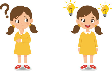 Cartoon girl thinking with question mark, getting idea with light bulb, problem solving, creativity, decision making, learning, concept illustration, happy expression