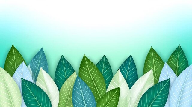 A colorful background featuring stylized leaves in shades of green, blue, and white, arranged against a gradient backdrop