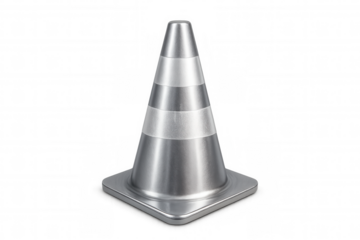 Metallic traffic cone with white stripes standing on a transparent background, ideal for safety and construction projects