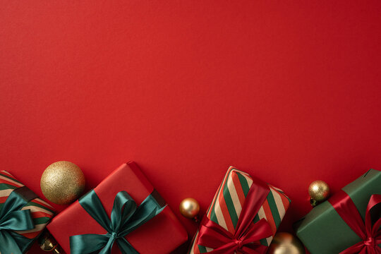 Decorative Christmas presents and ornaments neatly arranged below on a red backdrop. The scene embodies holiday spirit, showcasing the festive colors of red, green, and gold in a harmonious design - Powered by Adobe