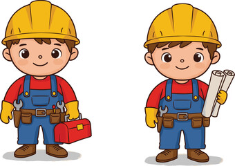 Cute cartoon construction workers with tools and blueprints, smiling builder characters, safety helmets, vector illustration for engineering, building, construction, labor, industry