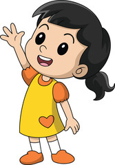 Cute cartoon girl with black hair waving hand, wearing yellow dress with heart, smiling happily, isolated on white background, vector illustration