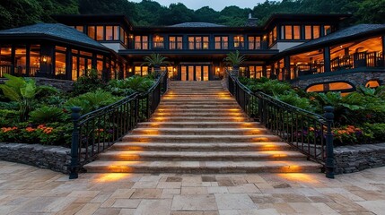 Fototapeta premium A stunning exterior view of a luxurious home features elegant landscaping and softly lit pathways leading to the entrance, perfect for real estate marketing, architectural design