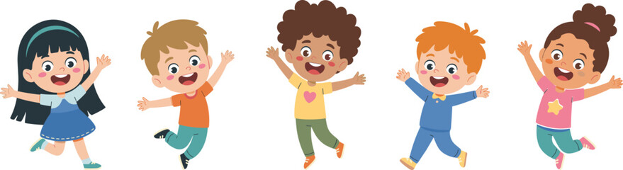 Cute cartoon kids jumping happily, diverse group of children smiling, wearing colorful clothes, playing together, isolated on white background, vector illustration