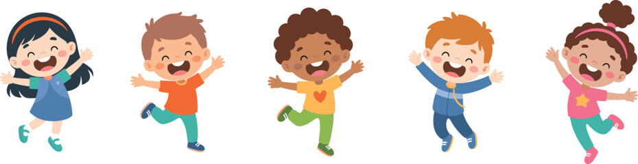 Cute cartoon kids jumping happily, diverse group of children playing together, smiling faces, colorful clothes, isolated on white background, vector illustration