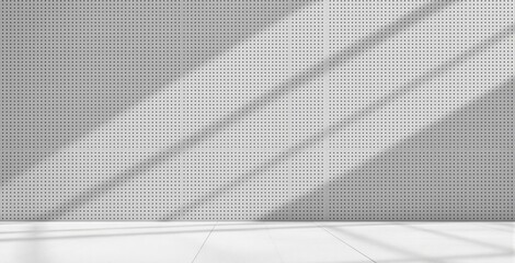 Minimalist white interior wall with small perforated holes and sunlight shadows on the floor in a geometric lighting concept scene. Ai generative