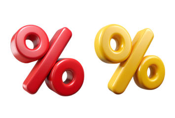 Red and Yellow Percentage Sign 3D Render on transparent background